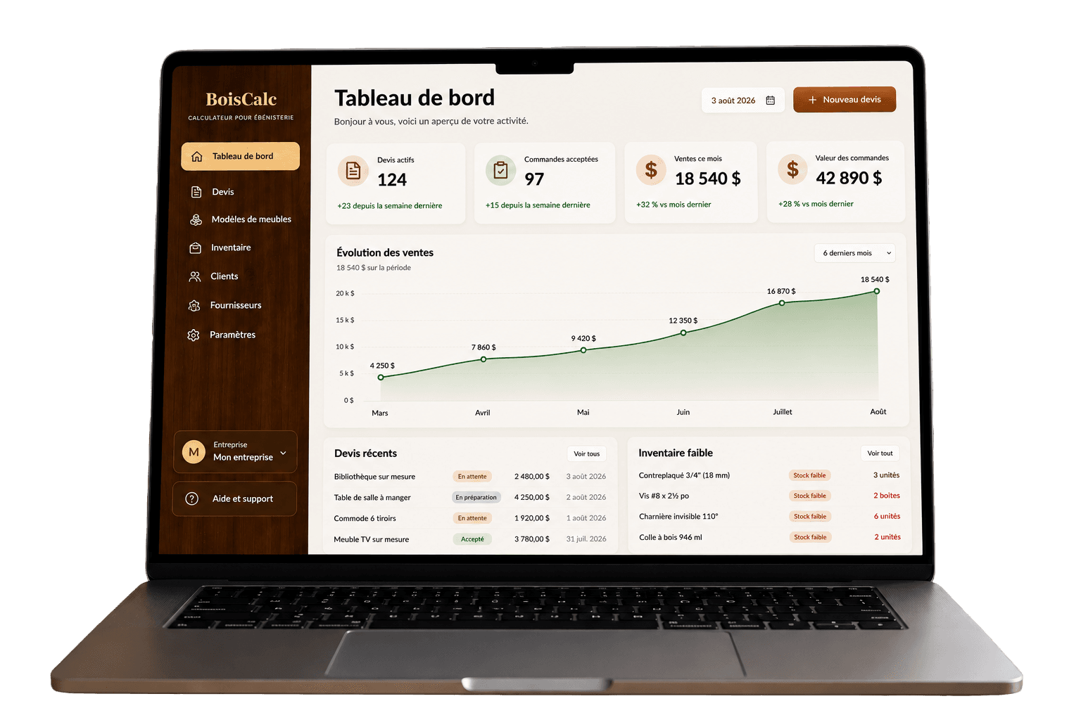 Aperçu du tableau de bord BoisCalc sur un ordinateur portable